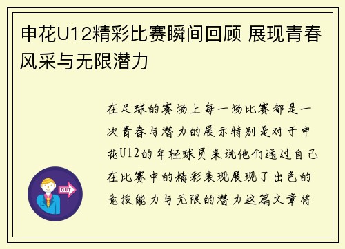 申花U12精彩比赛瞬间回顾 展现青春风采与无限潜力
